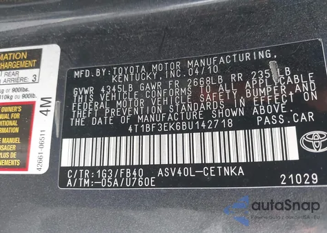 2011 Toyota Camry Le from USA, damaged, VIN 4T1BF3EK6BU142718